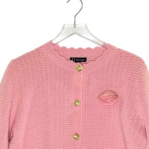 Greige L Womens Pink Knit Cardigan Sweater Gold Button Flower Detail Classic - Picture 4 of 9